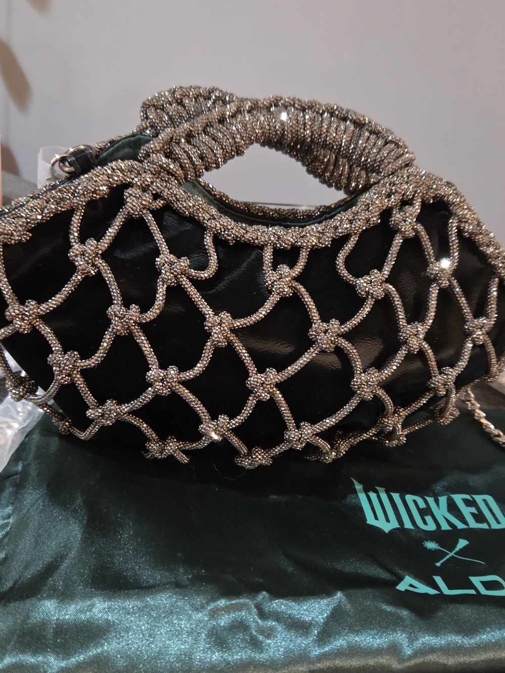 ALDO WICKED Black Clutch with Silver Sparkly Beaded Net Details